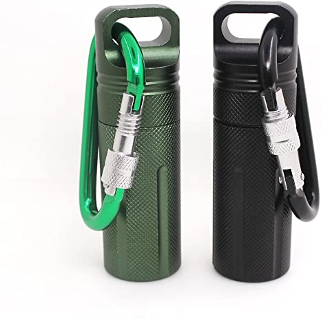 Waterproof Pill Capsule Fob Bottle, Match Seal Storage Case, SENHAI 2 Pack Aluminum Outdoor Airtight Holder Dry Containers, with 2 Locking Carabiners - Black, Green