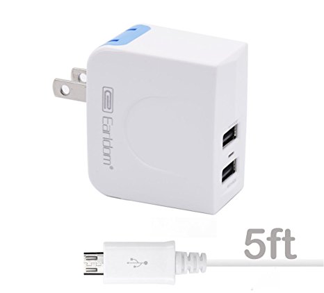 Samsung Galaxy S6 S7 Note 5 Edge Plus Charger,Earldom 2.4 AMP 2-Port Travel Wall Home Charger Adapter with 5ft Micro USB Charging Cable Cord For Samsung,HTC and More Device