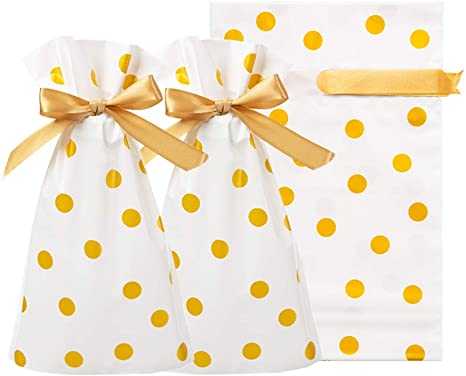 AWELL White Cellophane Bags 6.6x5.8 inch with String for Treat Candy Cookie Party Favor Bags, Gold Dots,Pack of 50