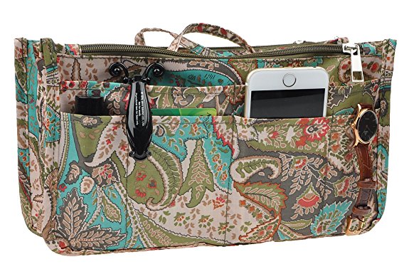 Printed Purse Insert Organizer,13 Pockets in Handbag Liner Bag In Bag with Zipper and Handles