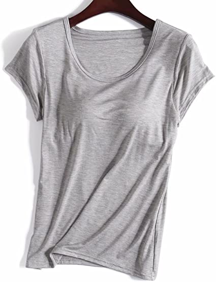 Zylioo Women`s Modal Padded Built-in-Bra T-Shirts Short-Sleeve Crewneck Wireless Bra Tops Tee Plus Size
