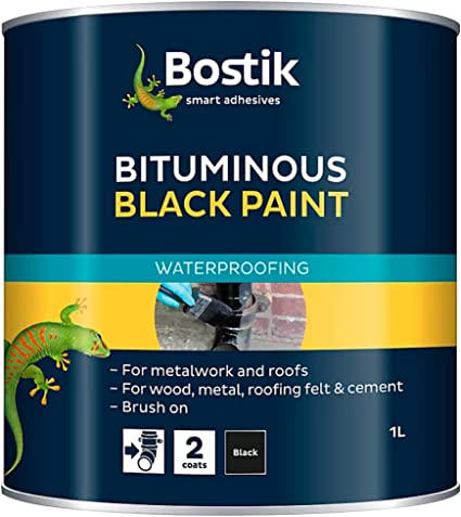 Bostik Bituminous Black Paint, Waterproofing Paint for Metalwork and Roofs, Brush On, Colour: Black, 1L Tin