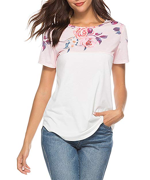 LovInParis Women's Floral Short Sleeve Tops Summer Casual T-Shirt White Blouses A8003