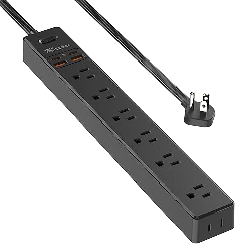 10 Ft Power Strip Surge Protector - 7 Outlets 4 USB Ports (2 USB C), Maxpw Ultra Thin Flat Extension Cord & Flat Plug, 1700 Joules, Wall Mount, Desk Charging Station for Home Office Dorm, Black
