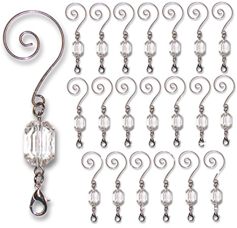 Decorative Ornament Hangers - Clear Acrylic Silver Wire Ornament Hooks - Pack of 20