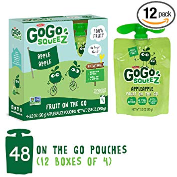 GoGo squeeZ Applesauce on the Go, Apple Apple, 3.2 Ounce (48 Pouches), Gluten Free, Vegan Friendly, Healthy Snacks, Unsweetened Applesauce, Recloseable, BPA Free Pouches