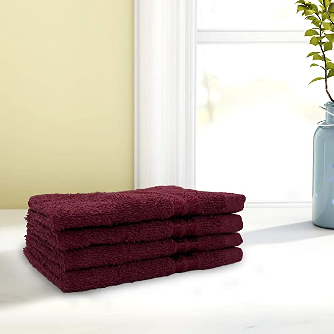 Welspun Health Cotton Large Set of 4 Face Towel Anti-Bacterial Bright Colors High Absorbency (Solid, 30 cm x 30 cm) - Berry & Dark Red, Standard (1048427)