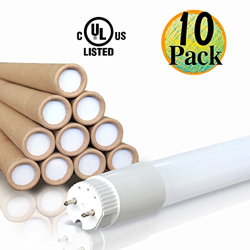 HL 10 Pack of T8 LED Fluorescent Tube Light, 4ft 48" Frosted Cover, 16W (36W equivalent), 5000K (Soft White), Single Ended Power, G13 Lighting Fixture, UL Listed