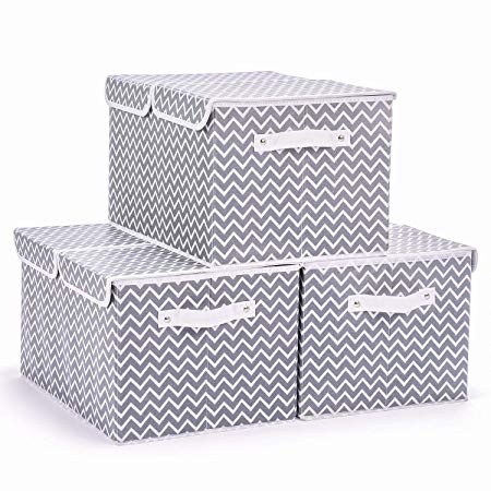 MaidMAX X-Large Closet Storage Basket with Separable Lids, Divider Included, Light Grey Chevron, Set of 3