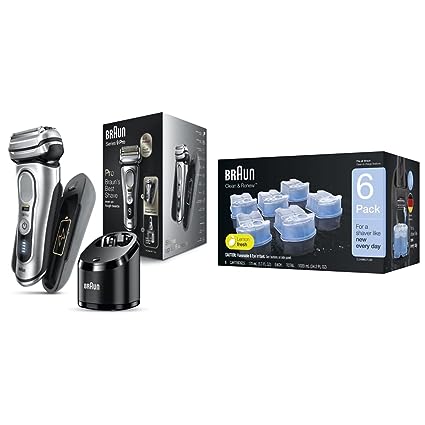 Braun Electric Razor for Men, Waterproof Foil Shaver, Series 9 Pro 9477cc, Wet & Dry Shave, with Portable Charging Case, ProLift Beard Trimmer with Clean & Renew Refill Cartridges, 6 Count, Pack of 1