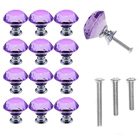 YUYIKES 30mm Diamond Shape Crystal Glass Cabinet Knobs Purple 12 Pack for Drawer, Chest, Bin, Dresser, Cupboard (12 pcs of purple)