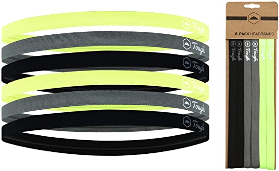 Thin Sports Headbands - 6 Pack No Slip Elastic Skinny Athletic Hair Bands for Men Women Boys & Girls - Mini Head Band for Soccer, Workout, Running, Exercise, Volleyball & Yoga - Non Slip Silicone Grip