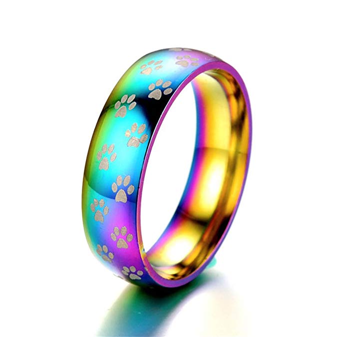 DALARAN Stainless Steel Rainbow Rings Paw Print Engagement Promise Rings Eternity Band 8mm