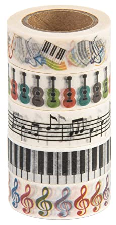 Classic Washi Tape Set (Japanese Masking Tape) by MIKOKA, 0.6 Inches Wide, 32.8 Feet Long, 5 Rolls - Music