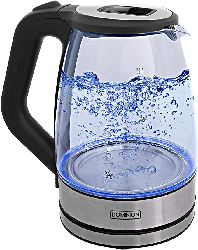 Dominion Cordless Electric One Step Tea Kettle - 1.7 L (7 Cup) Glass & Tea Heater with LED Indicator Light - Auto Shut-Off - 100% Stainless Steel Inner Lid & Bottom - 360 Degree Swivel Base