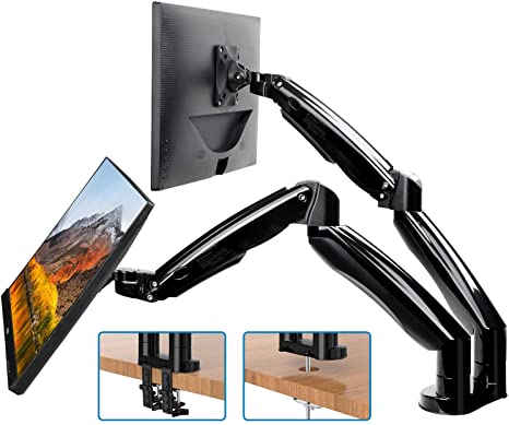 HUANUO Dual Monitor Mount Stand - Long Double Arm Gas Spring Monitor Desk Mount for 2 Screens 22 to 32 Inch Height Adjustable VESA Bracket with Clamp, Grommet Base -Each Arm Hold up to 19.8lbs