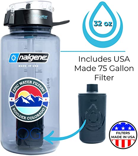 Epic Nalgene OG | Water Filtration Bottle | Wide Mouth 32 oz | American Made Bottle | USA Made Filter Removes 99.99% of Tap Water Contaminants Lead Chlorine Chromium 6 (Smoke Grey Covered Lid)