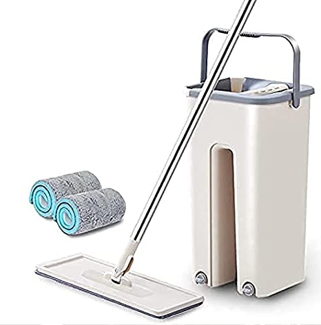 LYSOL Heavy Quality Floor Mop with Bucket, Flexible Kitchen tap Flat Squeeze Cleaning Supplies 360° Flexible Mop Head/2 Reusable Pads Clean Home Floor Cleaner (Floor Mop)