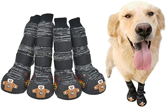 FLAdorepet Dog Socks Boots with Straps Hiking Shoes for Medium Large Dogs Rubber Sole Anti-Slip Knit Puppy Paw Protector for Bulldog Husky Labrador 4PCS/Set