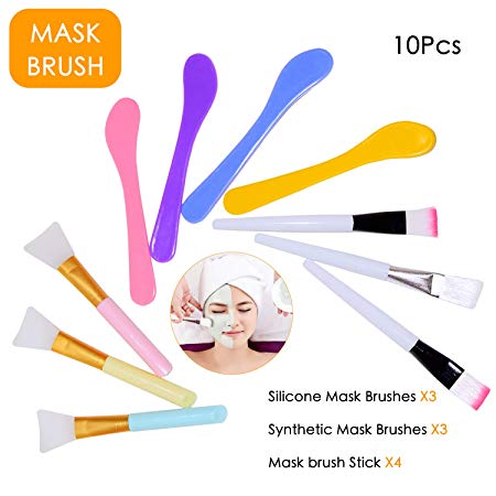 10Pcs Soft Face Mask Brush Set, Coming with 3Pcs Silicone Mask Brushes, 3Pcs Synthetic Mask Brushes and 4Pcs Mask brush Spoon Stick for Facial & Body Mud Mask Applicator Brush