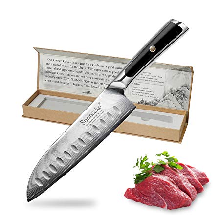 Chef Knife-7inch Professional Damascus Steel VG10 Kitchen Knife with Incredible G10 Handle - Quality Warranty - Razor Sharp Hollow Edge Pro Santoku Knife by Sunnecko