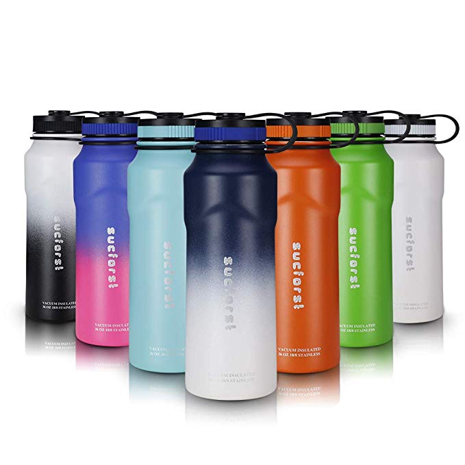 SUCFORST Sports Water Bottle  2 straw Lid, Vacuum Insulated Wide Mouth Thermos Flask, Hot 12 Hours & Cold 24 Hours - Powder Coated Double Walled Metal Bottles - 36 Oz, Navy Blue/Milky White