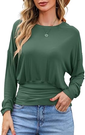 Dokotoo Womens Casual Crewneck Long Sleeve Banded Bottom Fall Tops Ribebd Knit T-Shirts with Shirring