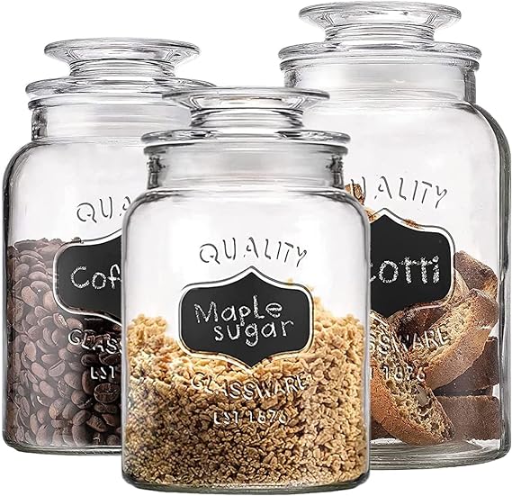 Glass Canister Set for Kitchen or Bathroom, Apothecary Glass Food Storage Jars with Airtight Lid and Chalkboard Labels - Set of 3 Cookie and Candy Jars, Storage Containers