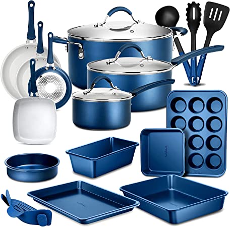 NutriChef Kitchenware Pots & Pans High-Qualified Basic Kitchen Cookware, Non-Stick (20-Piece Set), One Size, Blue