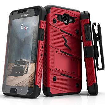 Zizo Bolt Series Compatible with Samsung Galaxy J7 Prime Case Military Grade Drop Tested with Tempered Glass Screen Protector, Holster RED Black