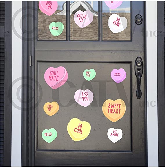 Valentine's Day Conversation Hearts Reusable Self Adhesive Fabric Vinyl Decals (Set of 45, 3.5" to 5.5")