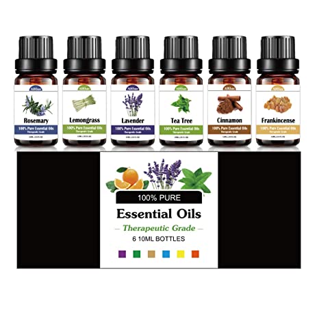 Essential Oils set 6,10ml Aromatherapy essential oil for diffuser Basic Sampler Gift Set 6 (Lavender,Tea Tree,Cinnamon,Frankincense,Rosemary,Lemongrass)