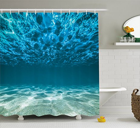 Ambesonne Ocean Decor Collection, Bright Gravelly Bottom and Wavy Surface Tropical Seascape Abyss Underwater Picture, Polyester Fabric Bathroom Shower Curtain, Blue Aqua Ivory