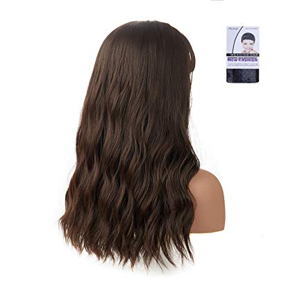 20” Dark Brown Long Wavy Curly Wigs with Flat Bang for Black Women BeliHair Natural Looking Synthetic Costumes Wig for Daily Wear Cosplay Party