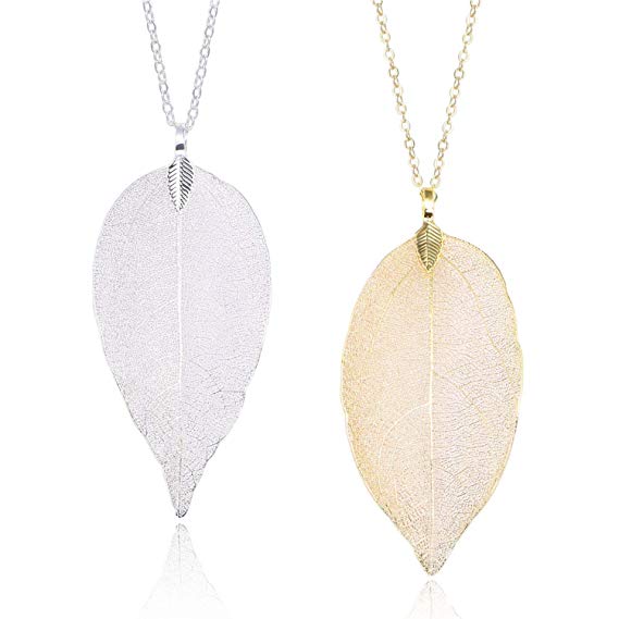 Set of 2 Long Leaf Pendant Necklaces Real Natural Filigree Fashion Jewelry for Women