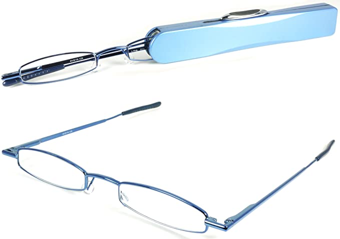 I-Mag Mini Metal Spring Hinge Reading Glasses with Slide Open Hard Case (Blue, 2.00)