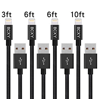 BCXY 4pcs 3ft/6ft/6ft/10ft Iphone Cable,Extra Long Nylon Braided Lightning Cable, 8Pin To USB Data Charger Cable For IPhone 7/7Plus,6/6Plus/6S,5/5S/SE,iPad/iPod Nano 7 Compatible With IOS (Black)
