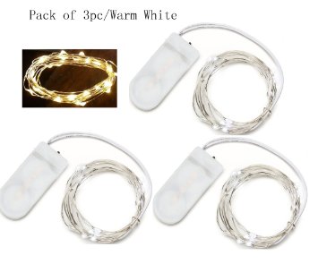 Pack of 3 sets LED Moon Lights 20 Micro Starry LEDs on Silver Extra Thin Copper Wire, 2 x CR2032 Batteries Included, 3.5 Ft (1m) for DIY Wedding Centerpiece or Table Decorations (Warm White)