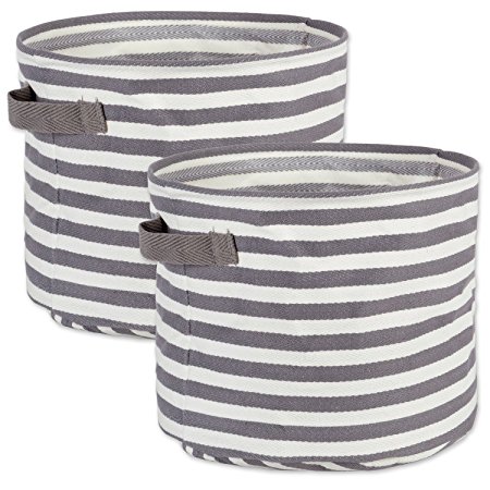 DII Cabana Stripe Collapsible Waterproof Coated Anti-mold Cotton Round Basket Bin, Perfect For Laundry Room, Bedroom, Nursery, Dorm, Closet, and Home Organization, Set of 2 Small - Gray
