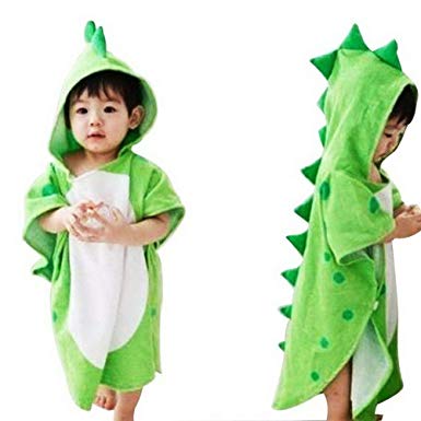 MINISTAR Children Bath Towel Robe Kids Hooded Beach Swimming Poncho Dinosaur for Both Baby Girl and Baby boy Green