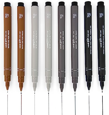 Uni Pin Fineliner Drawing Pen - Sketching Set of 8-0.1mm / 0.5mm - Black, Dark Grey, Light Grey, and Sepia