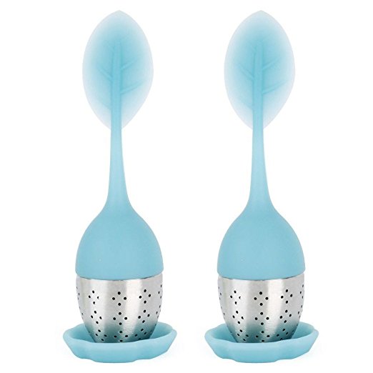 Set of 2 - Zicome Loose Tea Infuser Strainer with Drip Tray - Cute Silicone Leaf Handle As the Lid with Steel Ball