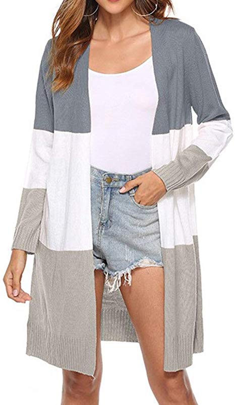 LUXUR Womens Open Front Casual Cardigan Colorblock Long Sleeve Loose Knit Lightweight Sweaters Coat