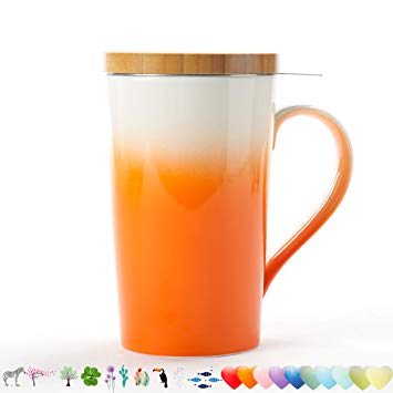 TEANAGOO M066-O Porcelain Tea-Cup with Strainer & Cover, 18 OZ, Orange, Home Teapot Set with Steel Steeper, Tea-Mug Brewer Marker, Steeping Filter for Loose Leave Tea, Tea-Set New Year Gift