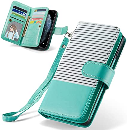 Galaxy S20 Ultra Case, S20 Ultra Wallet Case, XRPow [2 in 1] Magnetic Detachable Wallet Case [PU Leather] Folio Flip [9 Card Slot] [Wrist Strap] Durable Protection Back Cover 6.9Inch Stripes/Green