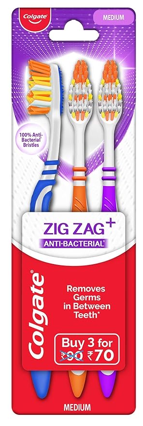 Colgate ZigZag Toothbrush for adults -Manual, Multicolor, Medium (Buy 2 Get 1)