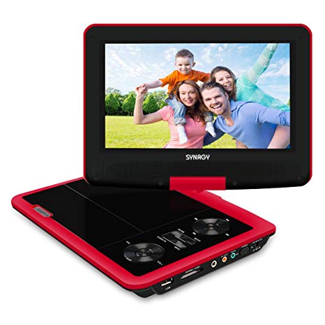 SYNAGY 9" Portable DVD Player CD Player with Swivel Screen Remote Control Rechargeable Battery Car Charger Wall Charger (Red)