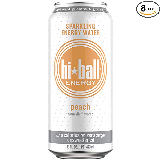 Hiball Energy Peach Sparkling Energy Water, Zero Sugar and Zero Calorie Energy Drink, 16 Fluid Ounce Cans, Pack of 8