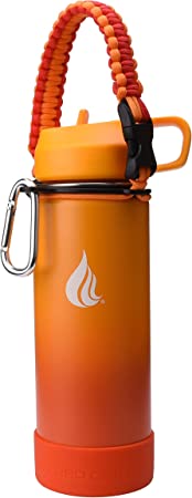 HYDRO CELL Stainless Steel Water Bottle w/Straw & Wide Mouth Lids (Red/Orange 18oz with Orange Protective Silicone Bottom Boot, Red/Orange Paracord Handle and Orange Sports Cap w/Straw)