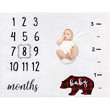 Baby Monthly Milestone Blanket - Organic Plush Fleece Photography Background Prop for Boy Girl Newborn Baby Shower Gift Soft Bear Blanket with Frame 47''x40''